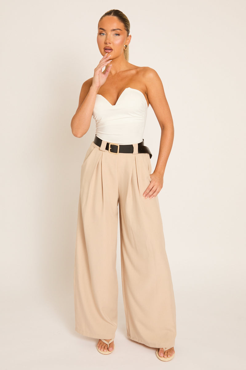 Beige Belted Pleat Detail Trousers - Melly