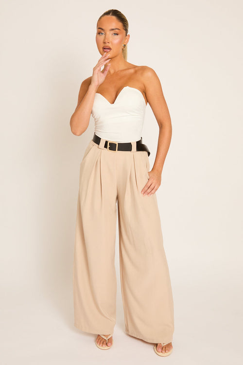 Beige Belted Pleat Detail Trousers - Melly