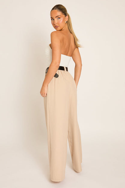 Beige Belted Pleat Detail Trousers - Melly
