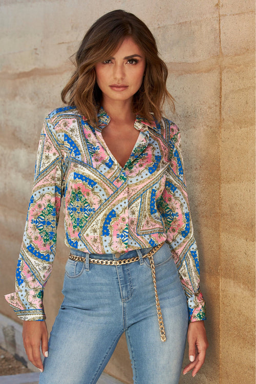 Baroque Scroll-Print Sophia Button-Up Charmeuse Blouse Pink Icing Multi