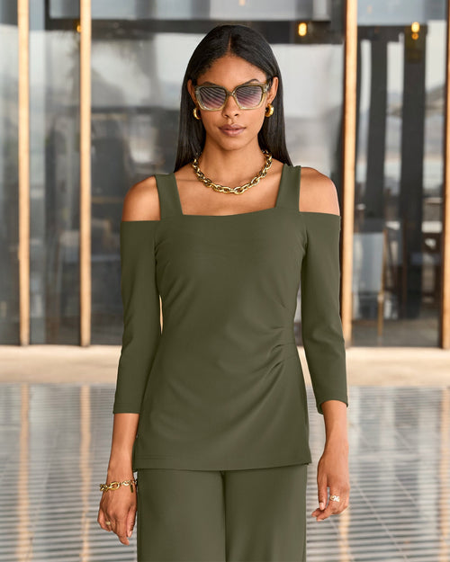 Beyond Travel Cold Shoulder Three Quarter Sleeve Top Olive Night