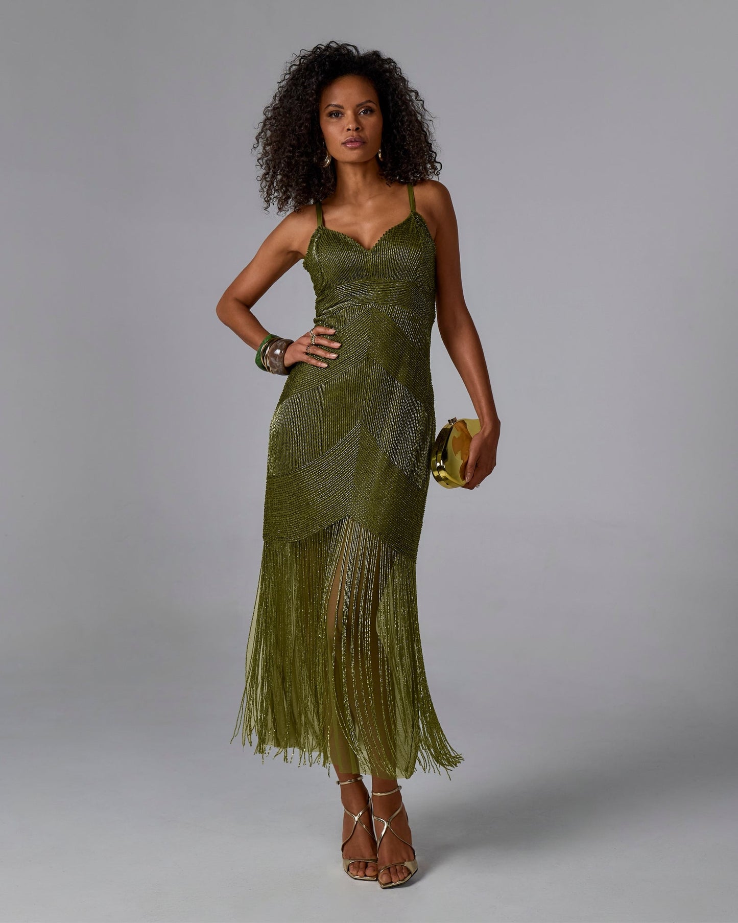 All Over Beaded Fringe Maxi Dress Olive