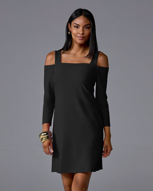 Beyond Travel Cold Shoulder Three Quarter Sleeve Dress Jet Black