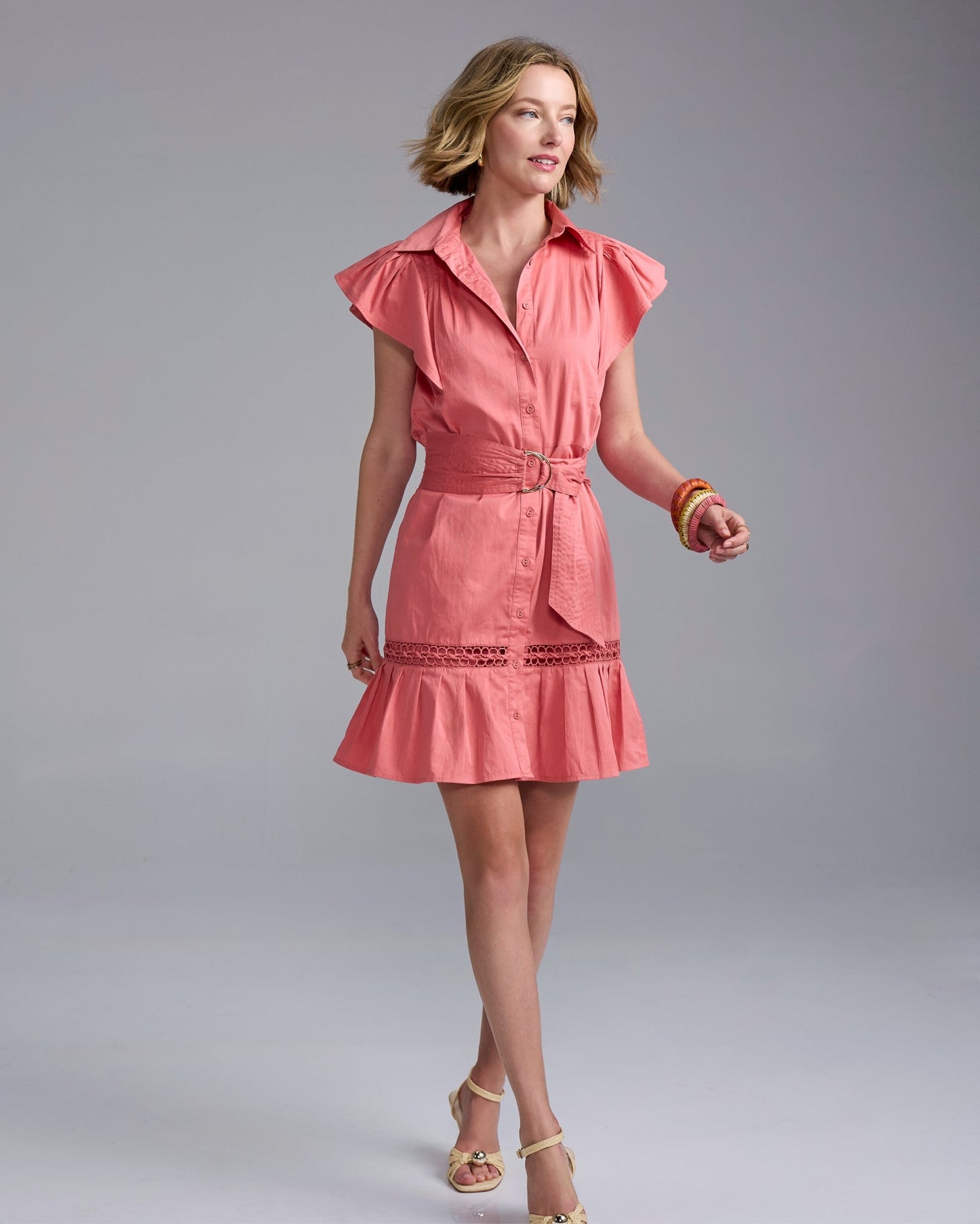 Belted Ruffle A-Line Shirt Dress Desert Rose