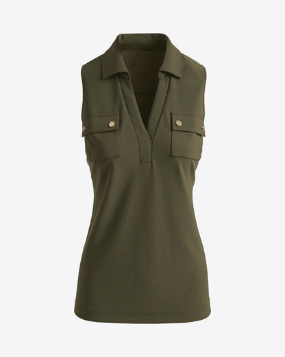 Beyond Travel Sleeveless Collared Utility Top Olive Night