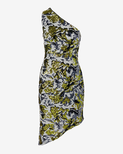 All Over Sequin Patterned One Shoulder Asymmetrical Sheath Dress Silver Multi