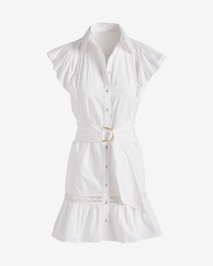 Belted Ruffle A-Line Shirt Dress Pure White