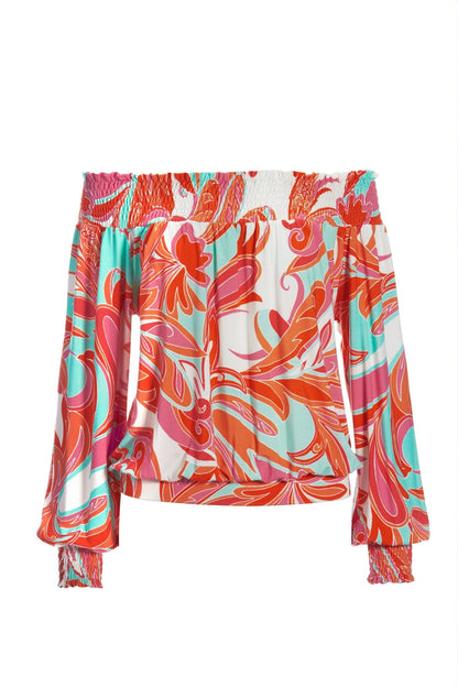Abstract Floral Off The Shoulder Knit Orange Multi