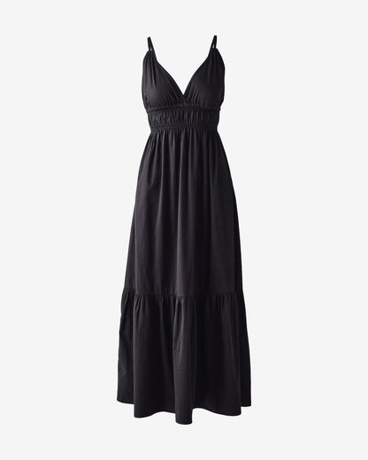 A Line Smocked Bodice Maxi Dress Black
