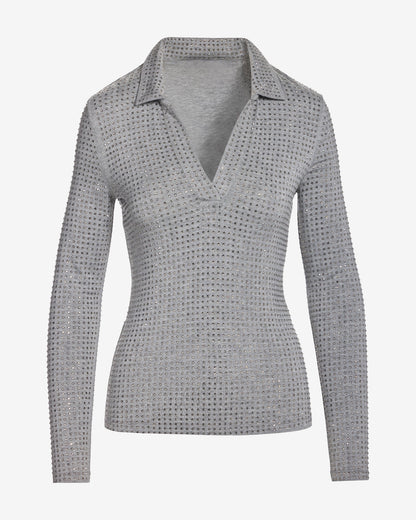 All Over Rhinestone Collared Top Heather Gray