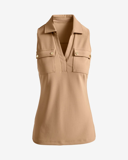 Beyond Travel Sleeveless Collared Utility Top Natural