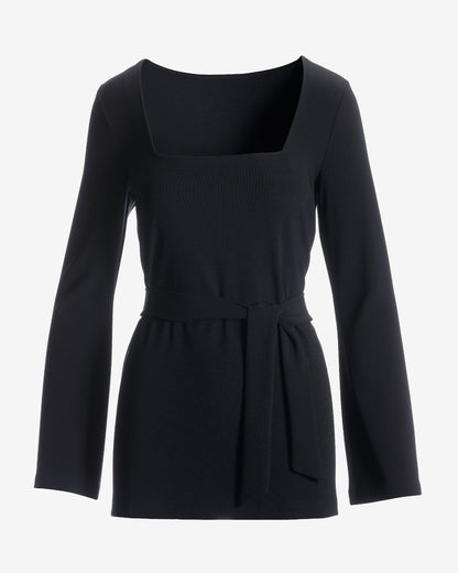 Beyond Travel Square Neck Tie Waist Top Jet Black