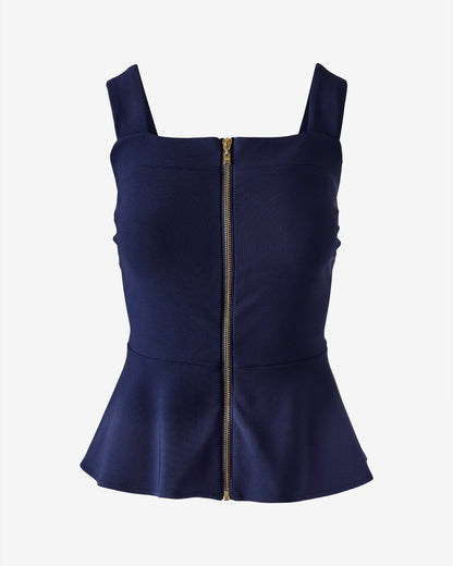 Beyond Travel Sleeveless Peplum Zip-Up Top Maritime Navy