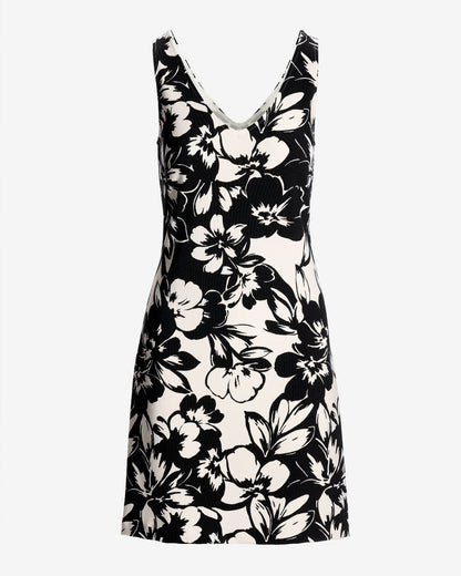 Beyond Travel Contrast Fleurs Print V Neck Cross Back Short Dress Ivory Coast/Jet Black