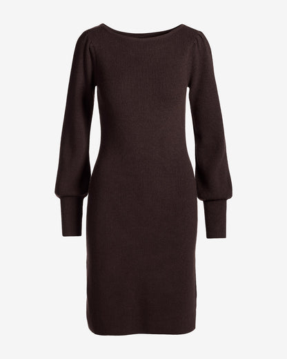 Boat Neck Balloon Sleeve Sweater Dress Chocolate Torte