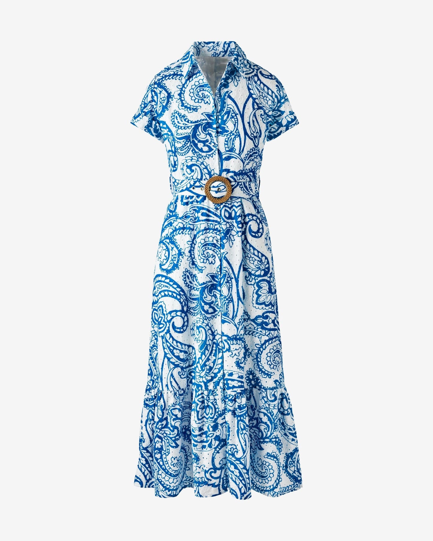 Belted Print Midi Shirt Dress Patriotic Paisley Wave