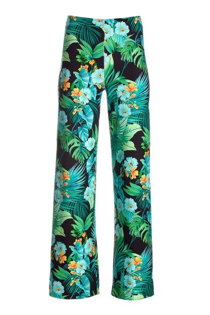 BEYOND TRAVEL TROPICAL PRINTED HIGH RISE PALAZZO PANT Green Multi