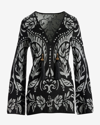 Abstract Lace Up Tunic Sweater Black/White