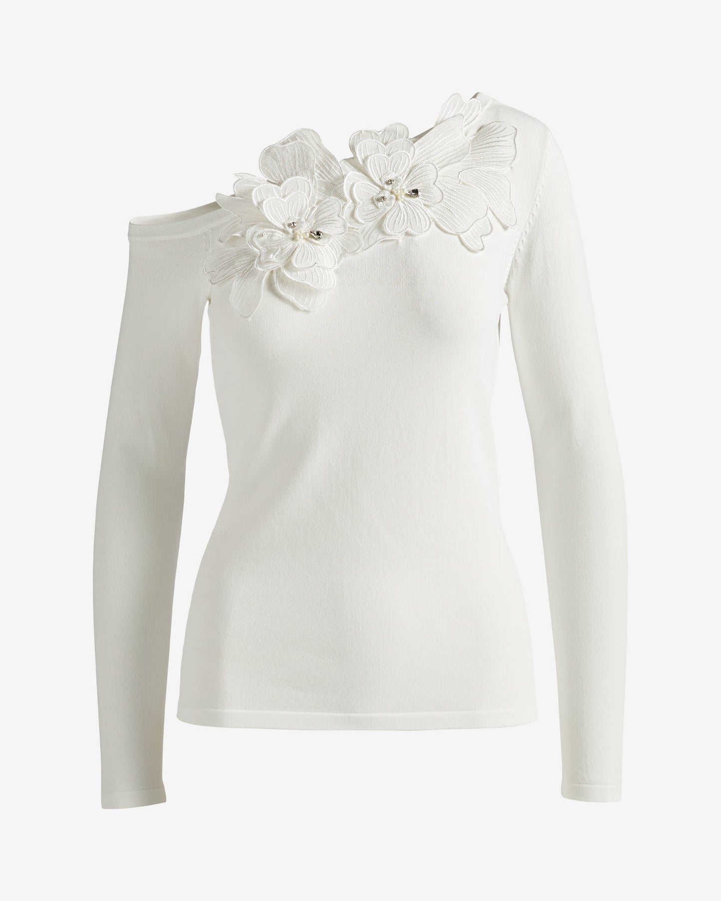 Asymmetrical 3D Floral Sweater Off White