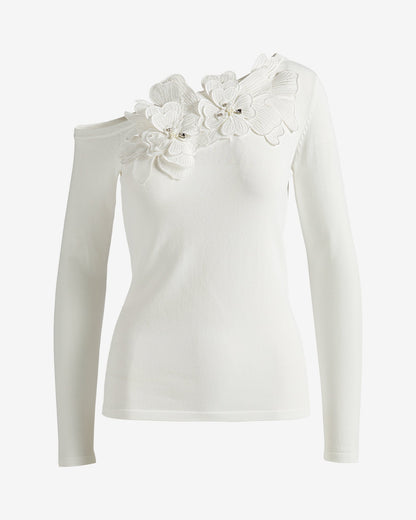 Asymmetrical 3D Floral Sweater Off White