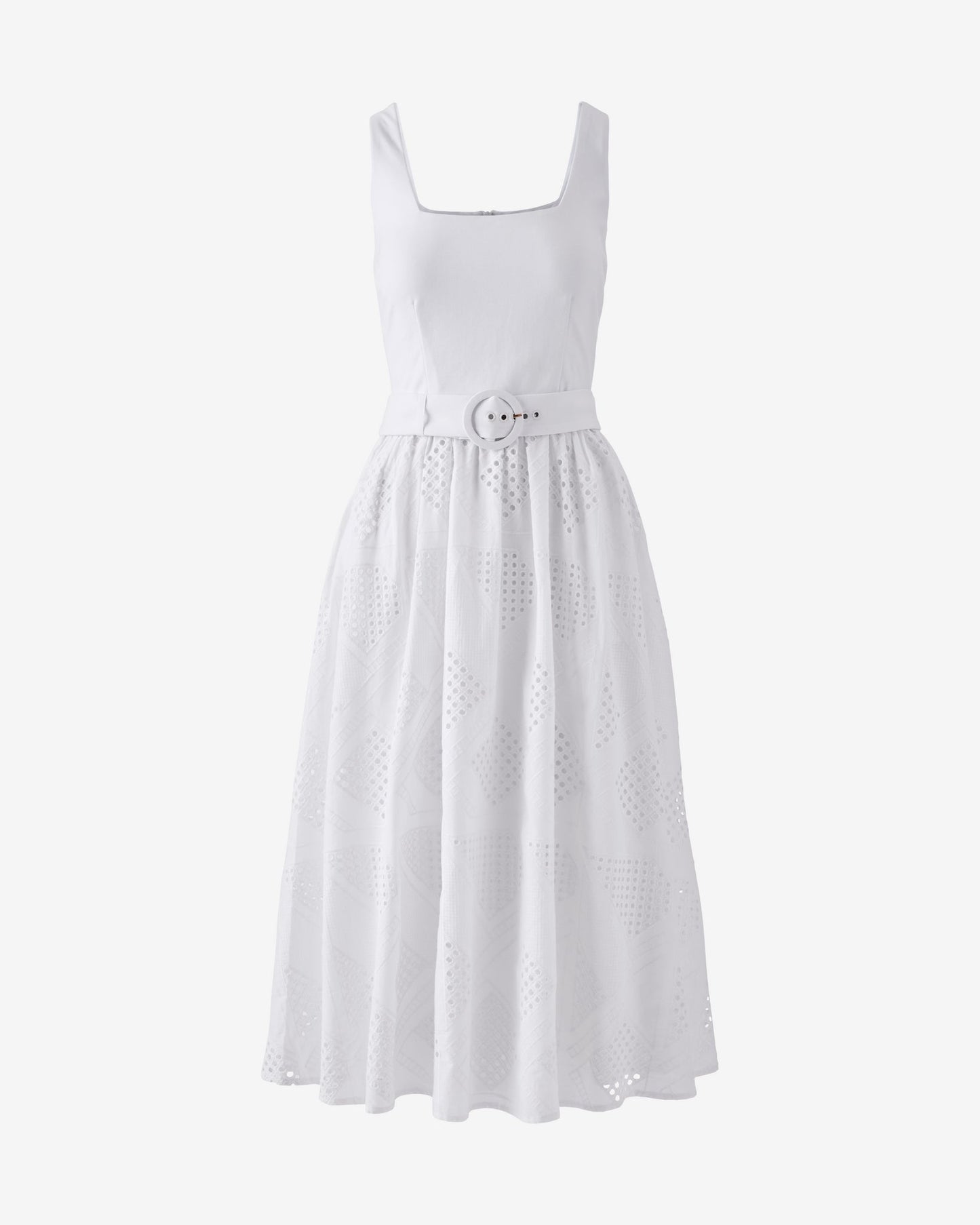 Belted Novelty Eyelet Midi Dress Pure White