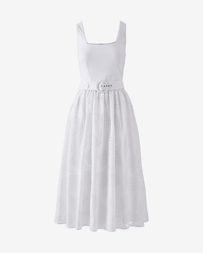 Belted Novelty Eyelet Midi Dress Pure White