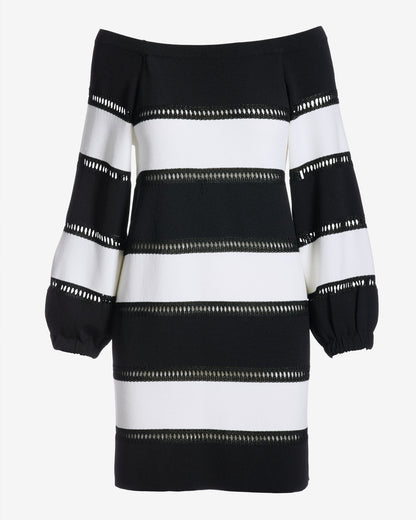 Bold Stripe Off the Shoulder Sweater Dress Black/White