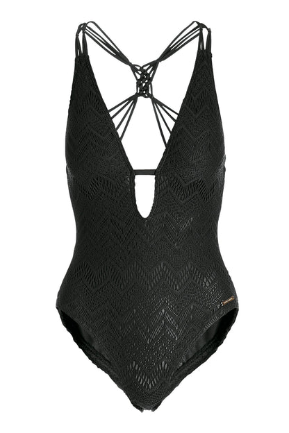 All Over Crochet Plunge One Piece Black