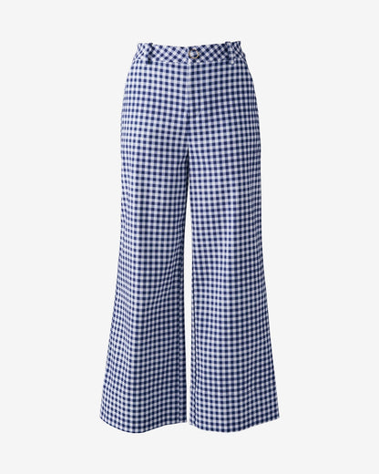 Ankle Length Wide Leg Gingham Twill Pant Navy/White