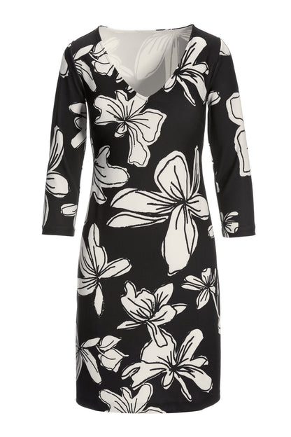 Beyond Travel Hibiscus Floral V-Neck Dress Jet Black Ivory Coast