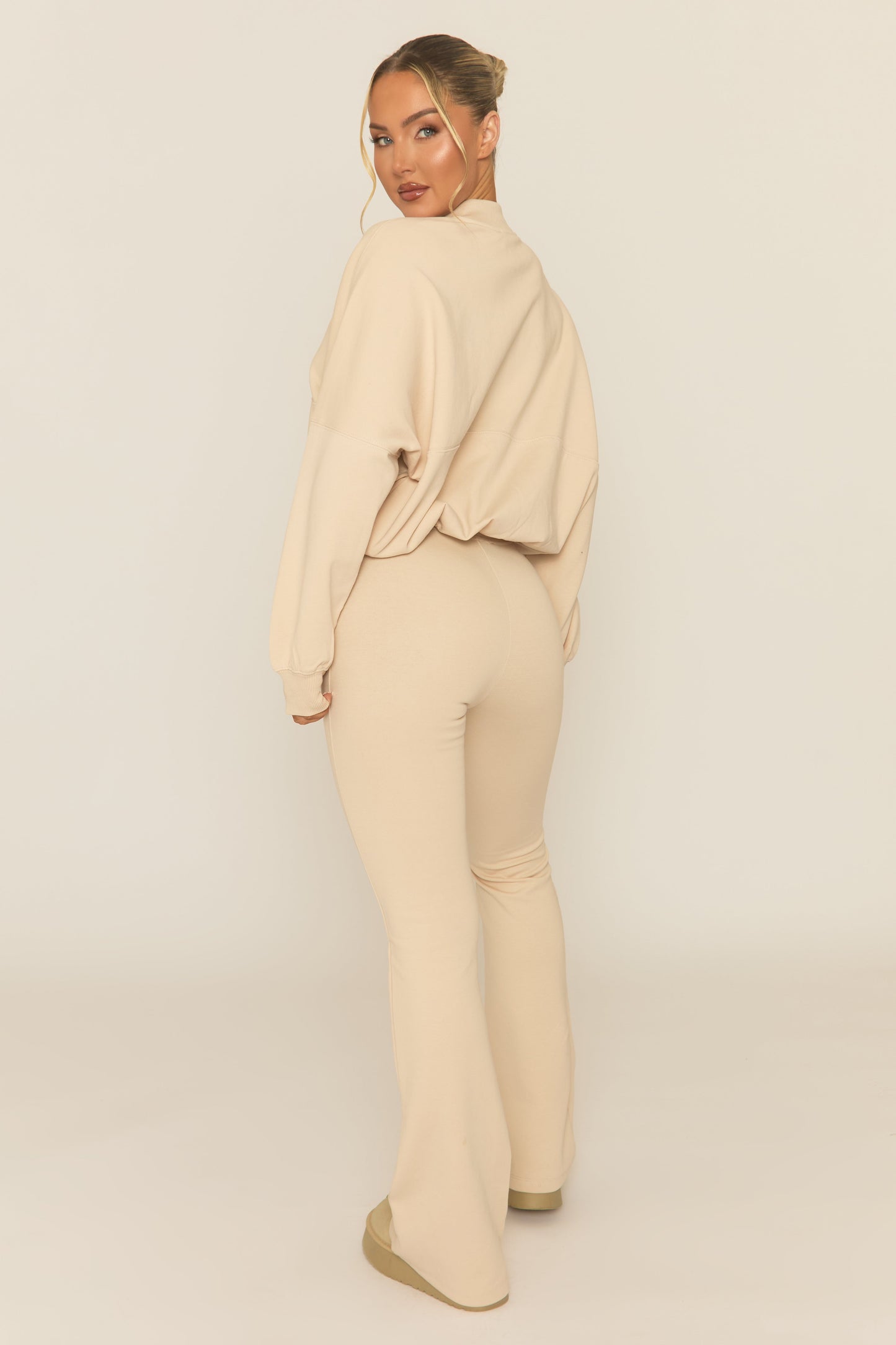 Beige Zip Front Bomber And Flare Joggers Loungewear Co-ord Set - Lonie