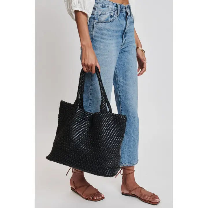 Solana Woven Vegan Leather Tote (Black)