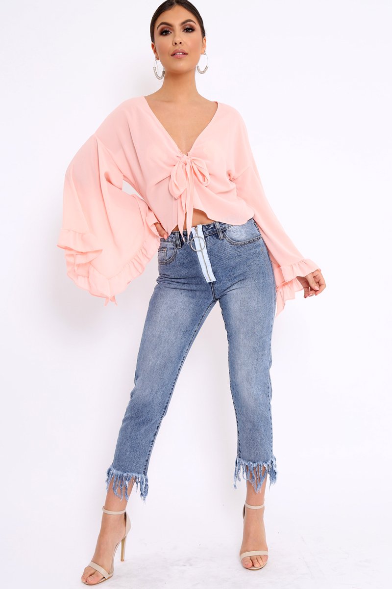 Baby Pink Extreme Bell Flared Sleeved Crop Top - Natia