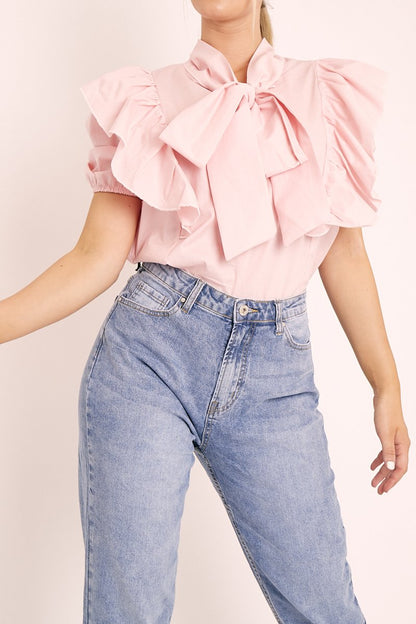 Baby Pink Ruffle Bow Shirt - Galina