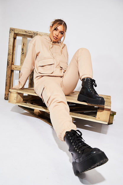 Beige Cargo Pocket Hoodie and Joggers Tracksuit - Aafiya