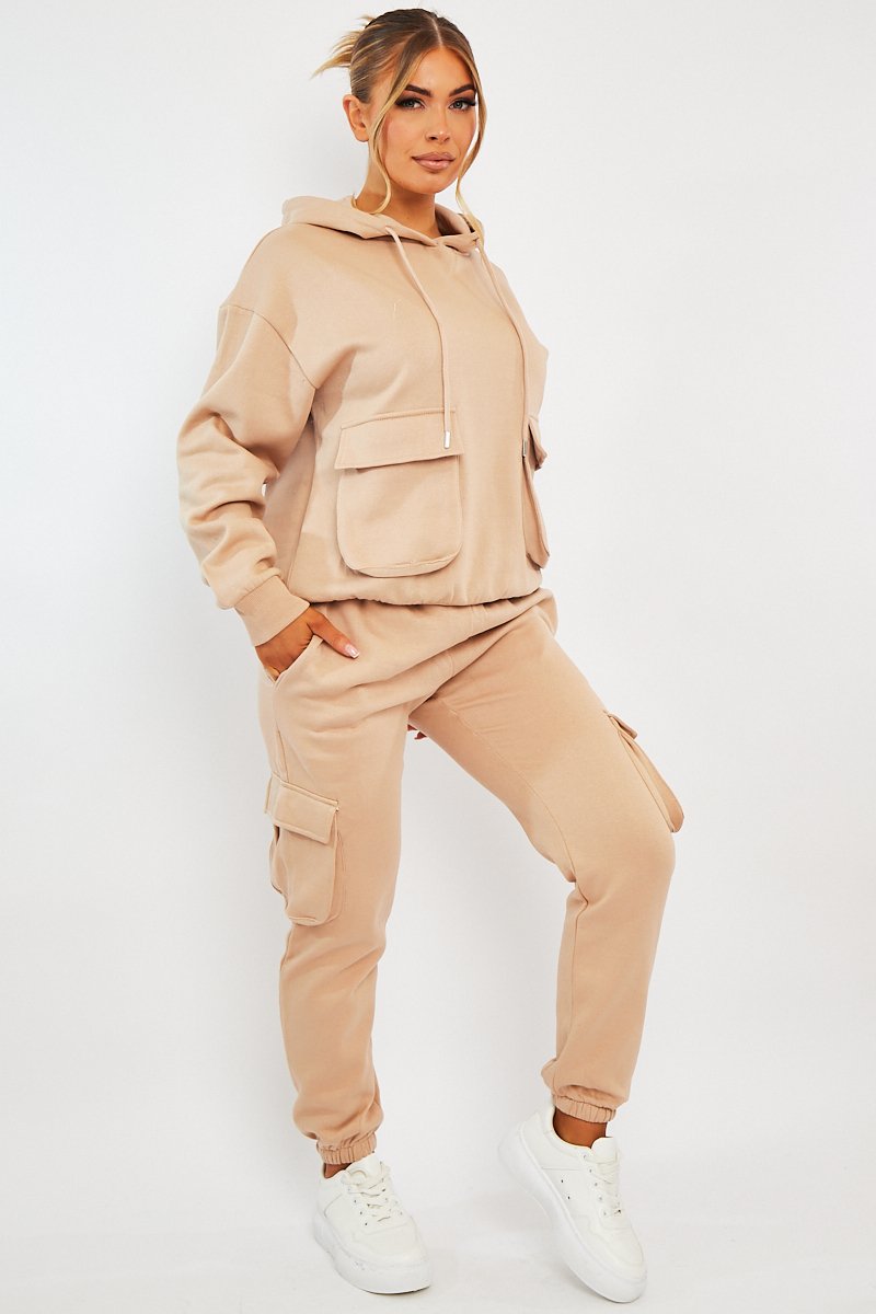 Beige Cargo Pocket Hoodie and Joggers Tracksuit - Aafiya