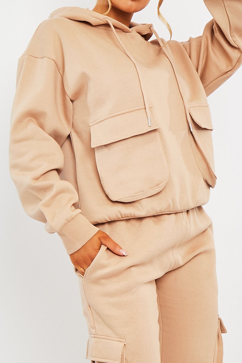 Beige Cargo Pocket Hoodie and Joggers Tracksuit - Aafiya