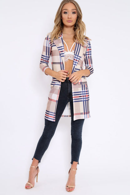 Beige Check Long Line Blazer - Trudey