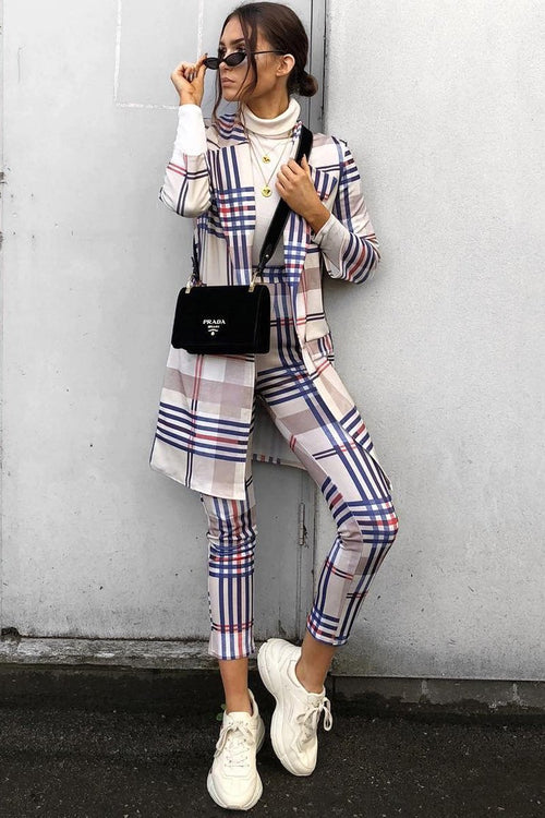 Beige Check Long Line Blazer - Trudey
