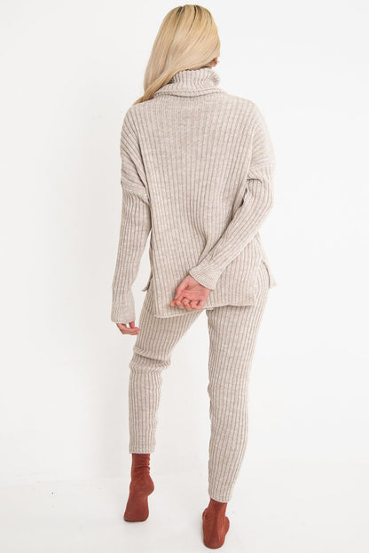 Beige Chunky Knit Roll Neck Loungewear Co-Ord - Imara