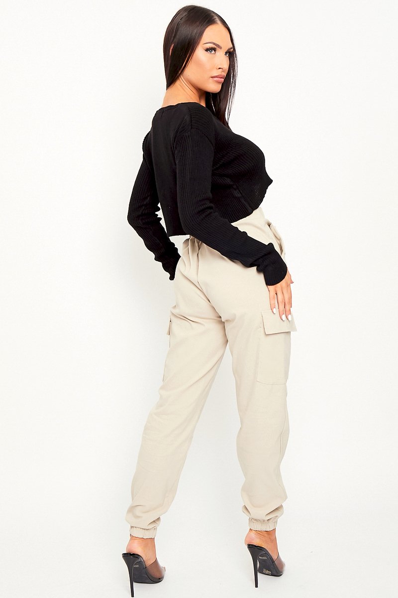 Beige Elasticated Waist Cargo Trousers - Yalina
