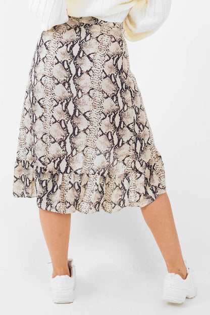 Beige Navy Snake Print Ruffle Midi Skirt - Dominique