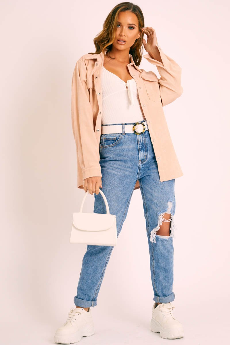 Beige Oversized Utility Pocket Corduroy Shirt - Aaliah