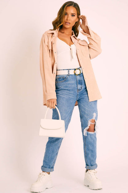 Beige Oversized Utility Pocket Corduroy Shirt - Aaliah