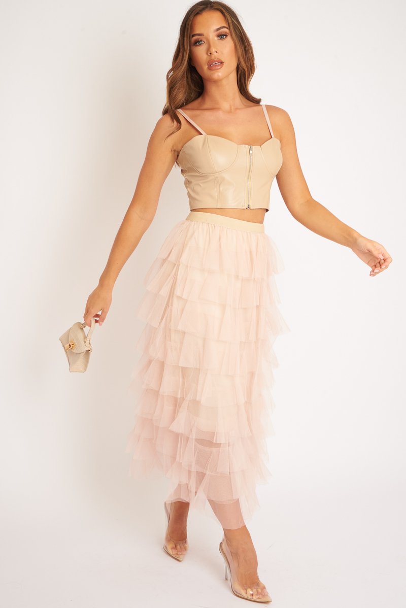 Beige PU Zip Front Bralet - Linsa