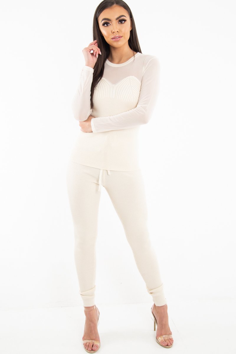 Beige Rib Knit Mesh Insert Loungewear Set - Genavie
