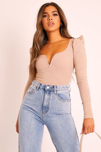 Beige Ribbed Plunge Puff Sleeve Bodysuit - Saffy