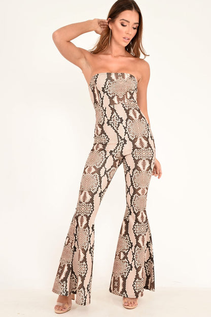 Beige Snake Print Flare Bandeau Jumpsuit - Letizia