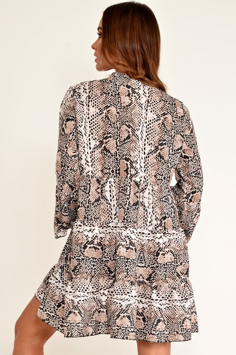 Beige Snake Print Plunge Flute Sleeve Shift Dress - Olesya