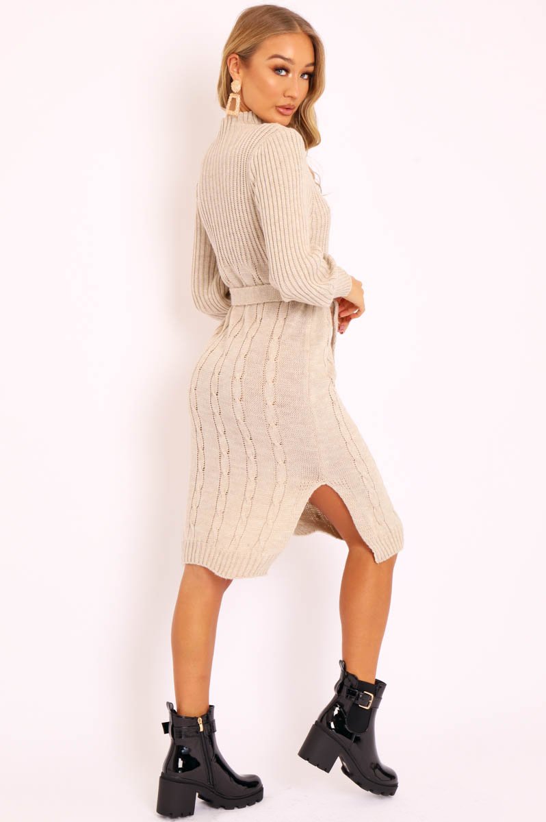 Beige Tie Waist High Neck Midi Jumper Dress - Ennie